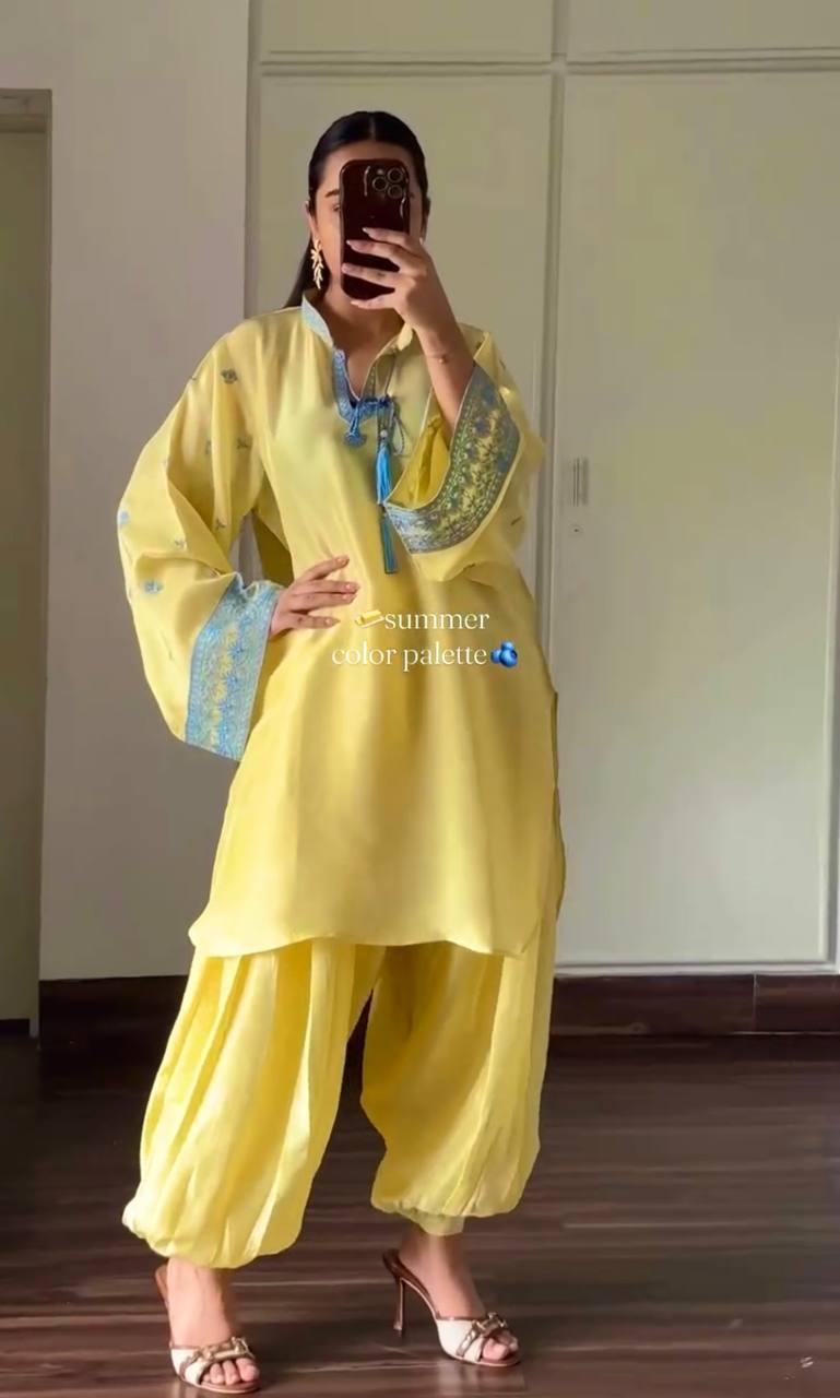 Yellow Natural Crepe Silk Suit Set