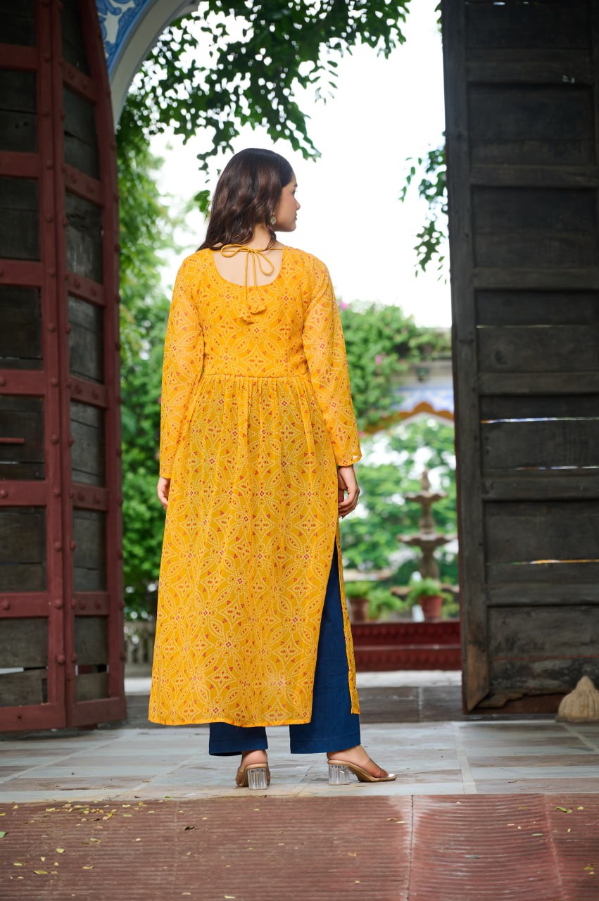 Yellow Navratri Special Bandhej Print Kurti with Kutchi Patch Work