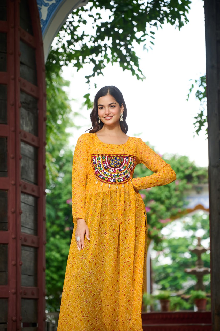 Yellow Navratri Special Bandhej Print Kurti with Kutchi Patch Work