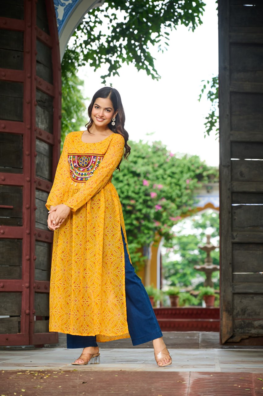Yellow Navratri Special Bandhej Print Kurti with Kutchi Patch Work