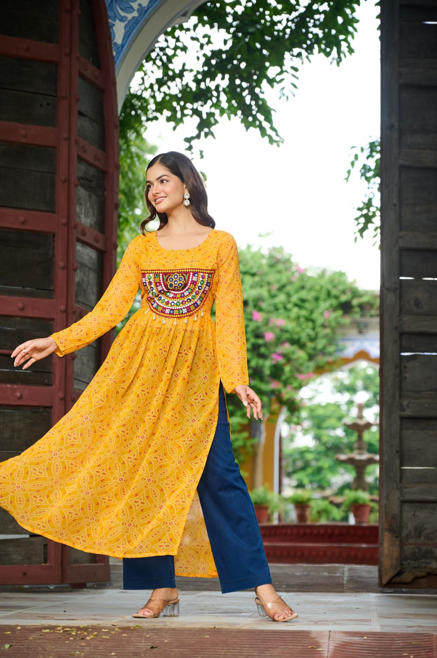 Yellow Navratri Special Bandhej Print Kurti with Kutchi Patch Work