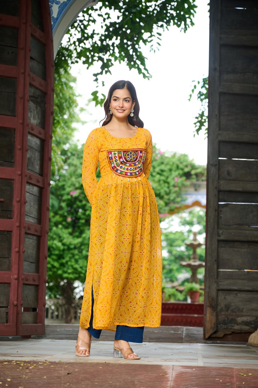 Yellow Navratri Special Bandhej Print Kurti with Kutchi Patch Work