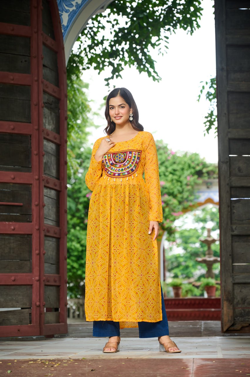 Yellow Navratri Special Bandhej Print Kurti with Kutchi Patch Work