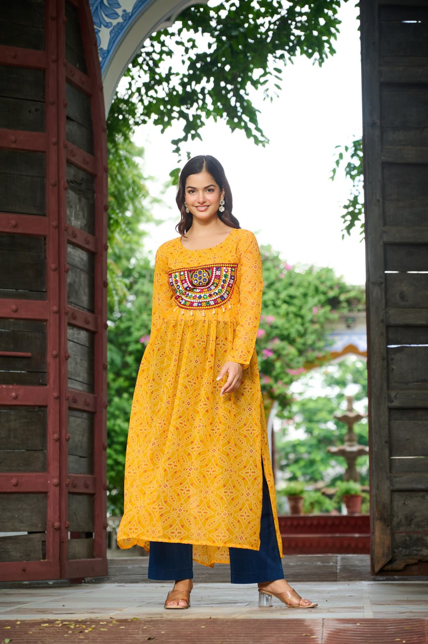 Yellow Navratri Special Bandhej Print Kurti with Kutchi Patch Work