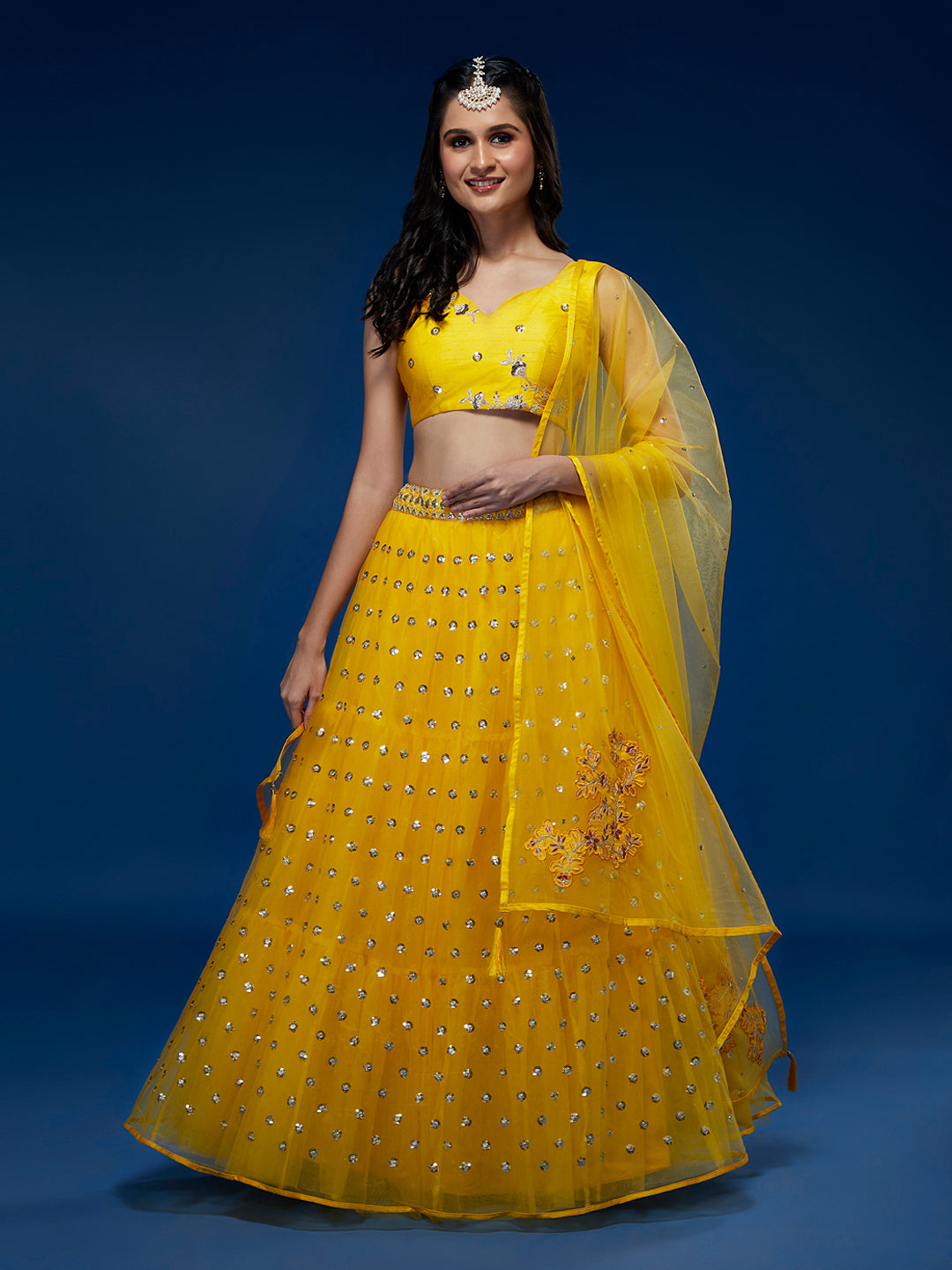 Yellow Net Semi-Stitched Lehenga & Unstitched Blouse With Dupatta