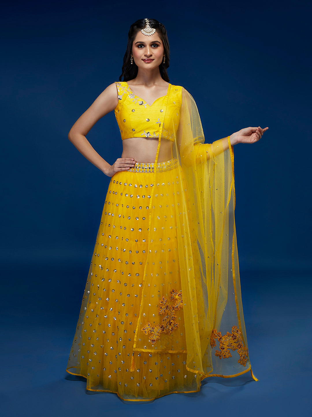 Yellow Net Semi-Stitched Lehenga & Unstitched Blouse With Dupatta