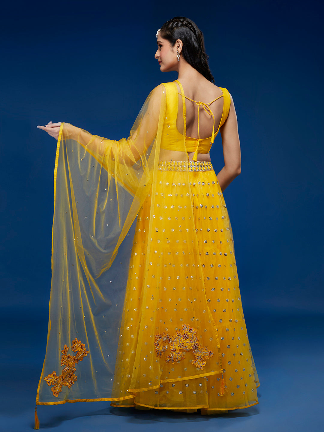 Yellow Net Semi-Stitched Lehenga & Unstitched Blouse With Dupatta