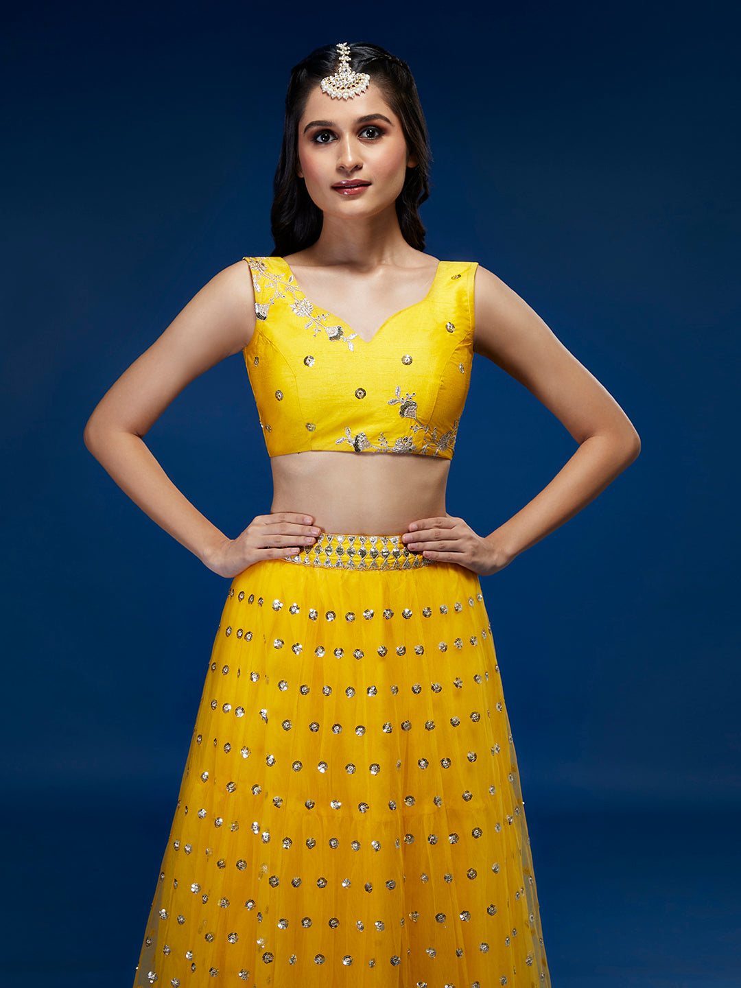Yellow Net Semi-Stitched Lehenga & Unstitched Blouse With Dupatta