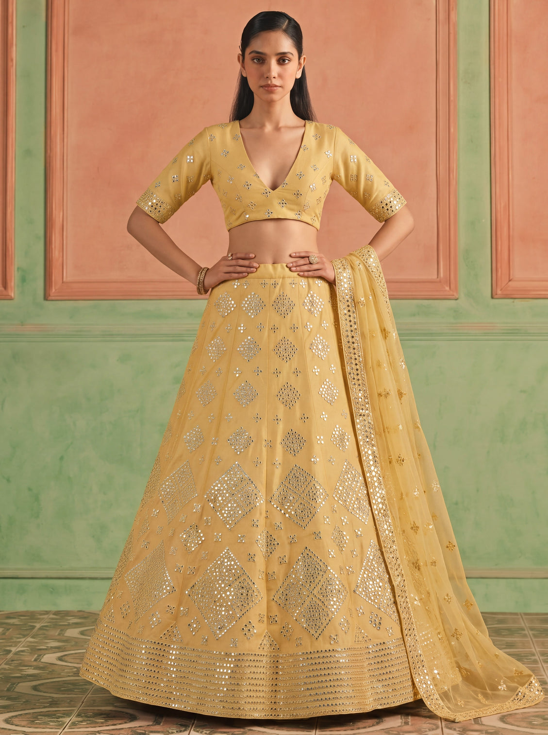 Yellow Organza Embroidered Foil Mirror Work Lehenga Choli