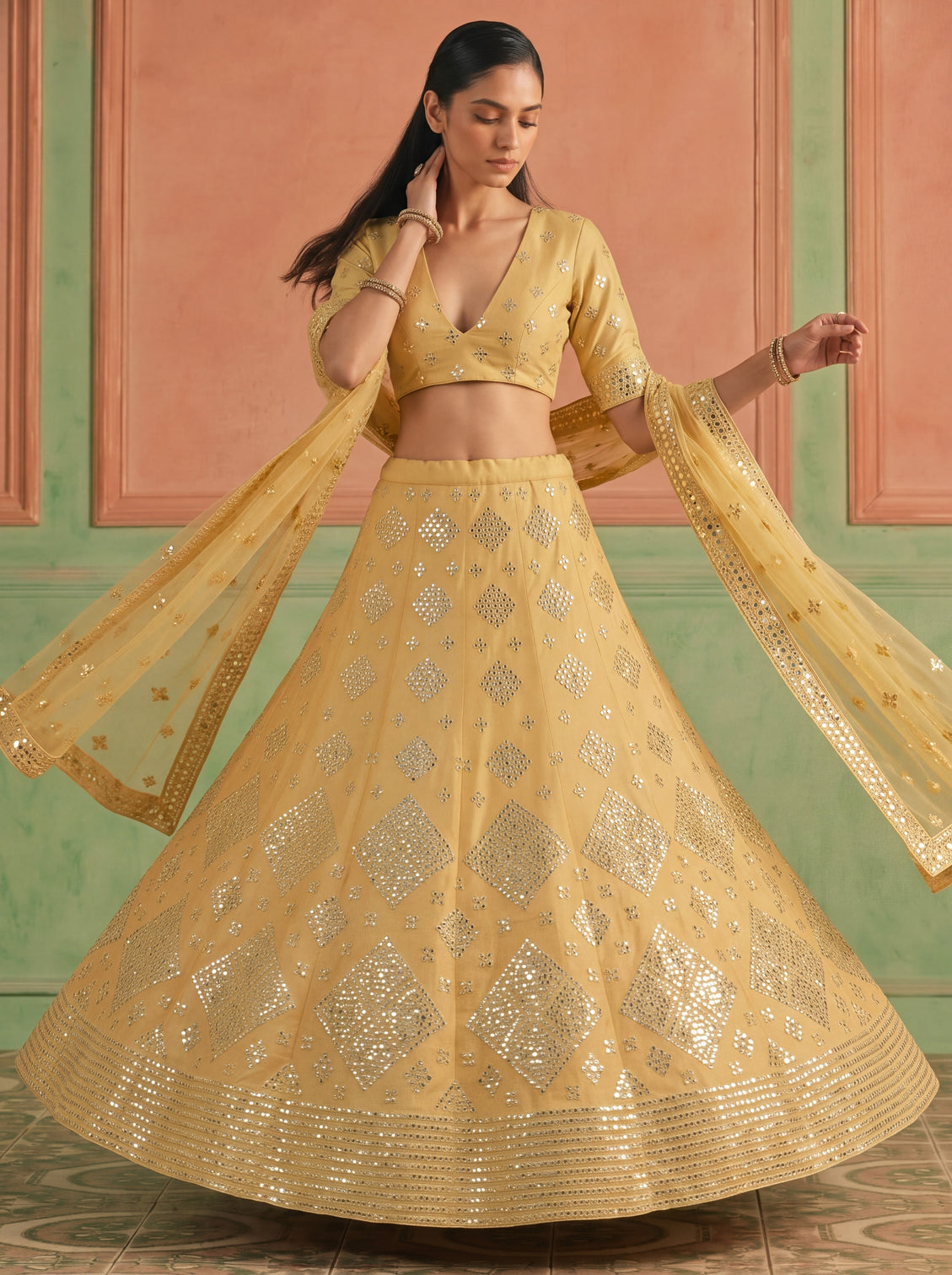 Yellow Organza Embroidered Foil Mirror Work Lehenga Choli