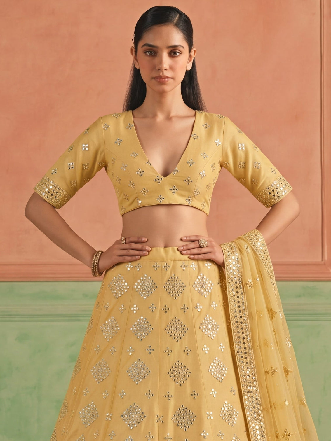 Yellow Organza Embroidered Foil Mirror Work Lehenga Choli