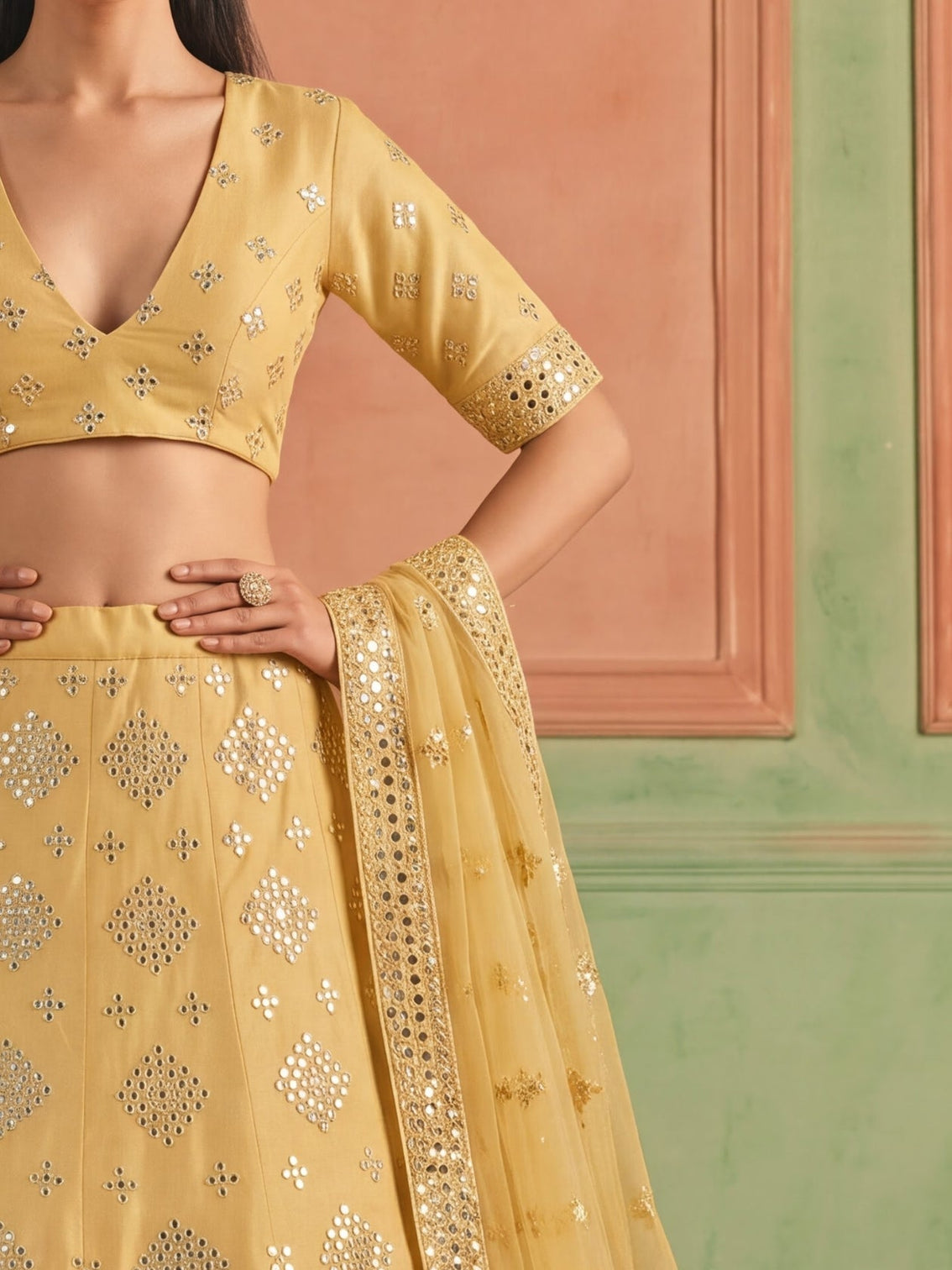 Yellow Organza Embroidered Foil Mirror Work Lehenga Choli