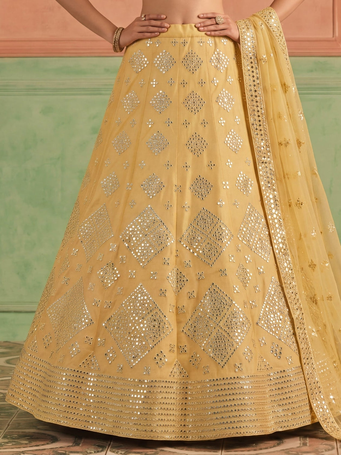 Yellow Organza Embroidered Foil Mirror Work Lehenga Choli