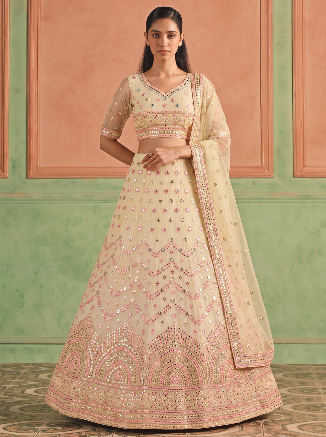 Yellow Organza Embroidered Foil Mirror Work Lehenga Choli