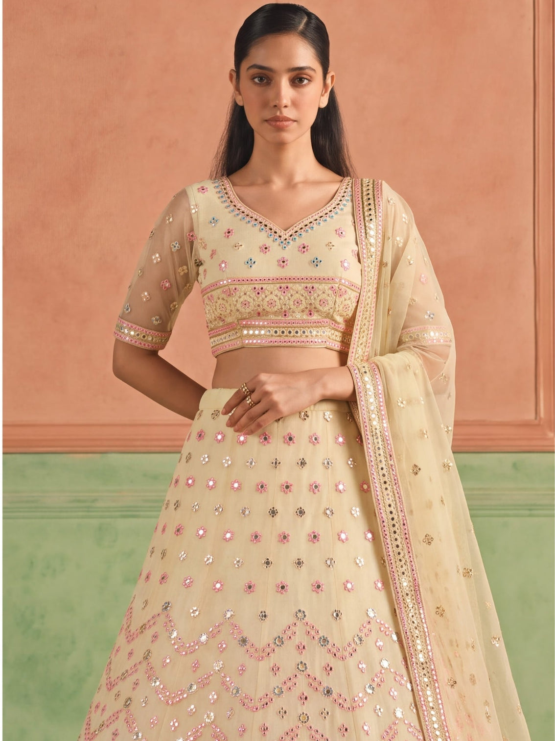Yellow Organza Embroidered Foil Mirror Work Lehenga Choli