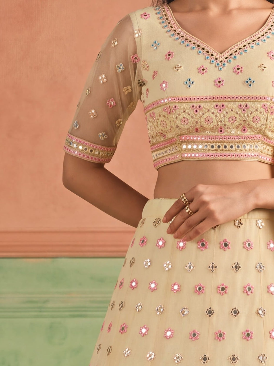 Yellow Organza Embroidered Foil Mirror Work Lehenga Choli