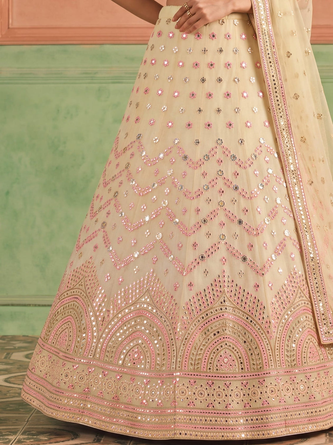 Yellow Organza Embroidered Foil Mirror Work Lehenga Choli