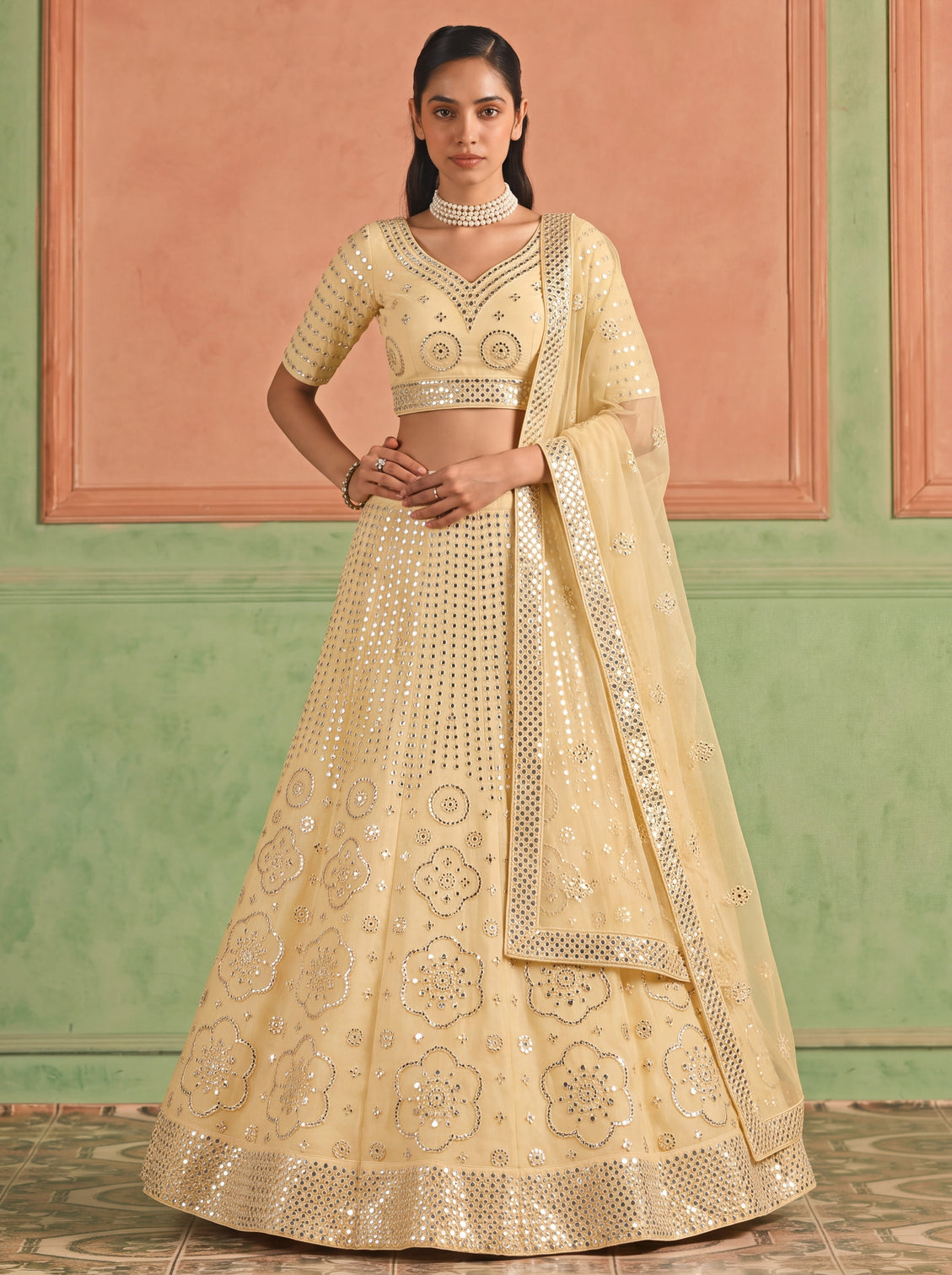Yellow Organza Embroidered Foil Mirror Work Lehenga Choli