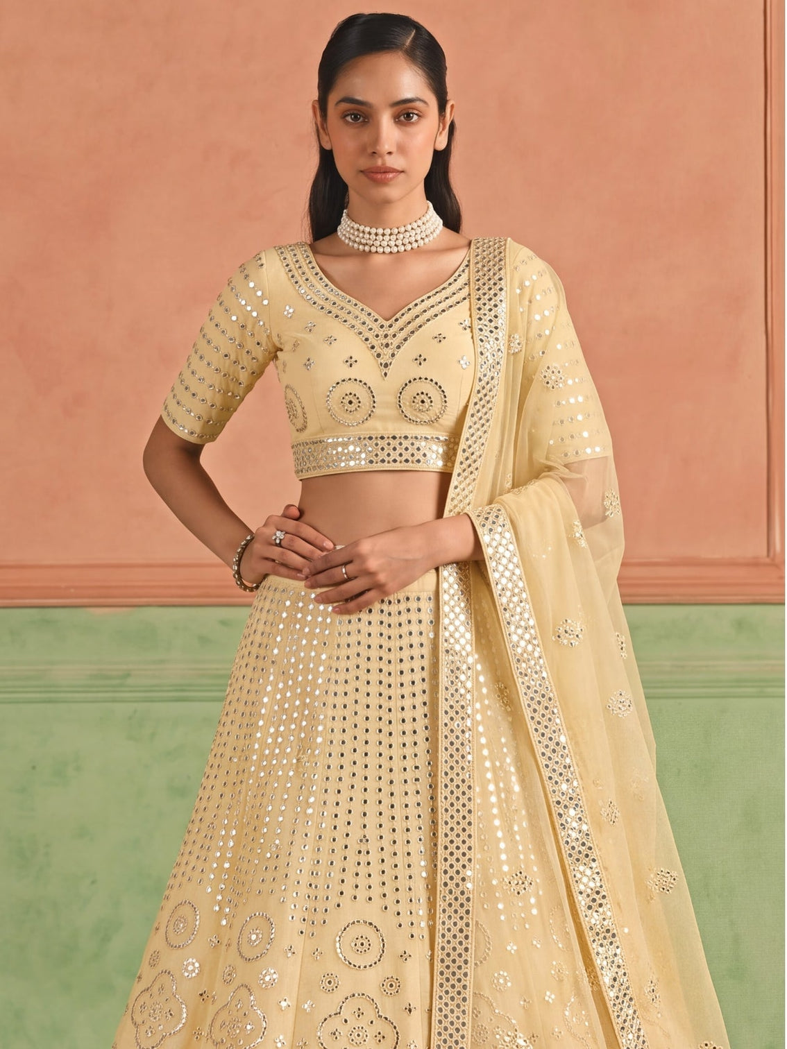 Yellow Organza Embroidered Foil Mirror Work Lehenga Choli