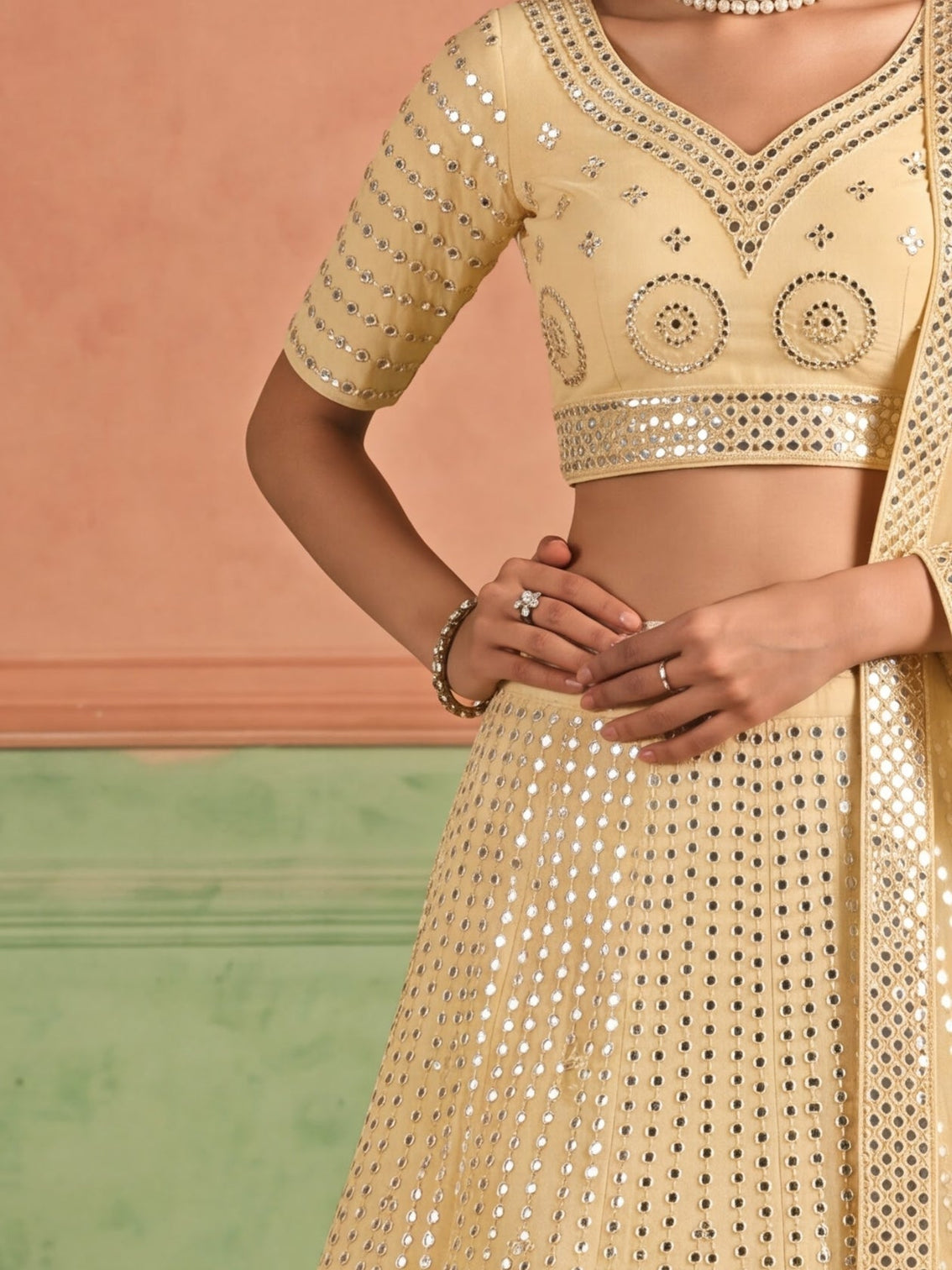 Yellow Organza Embroidered Foil Mirror Work Lehenga Choli