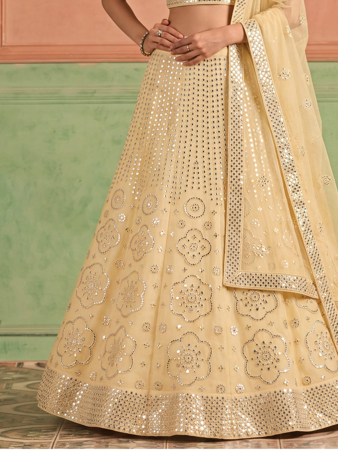 Yellow Organza Embroidered Foil Mirror Work Lehenga Choli