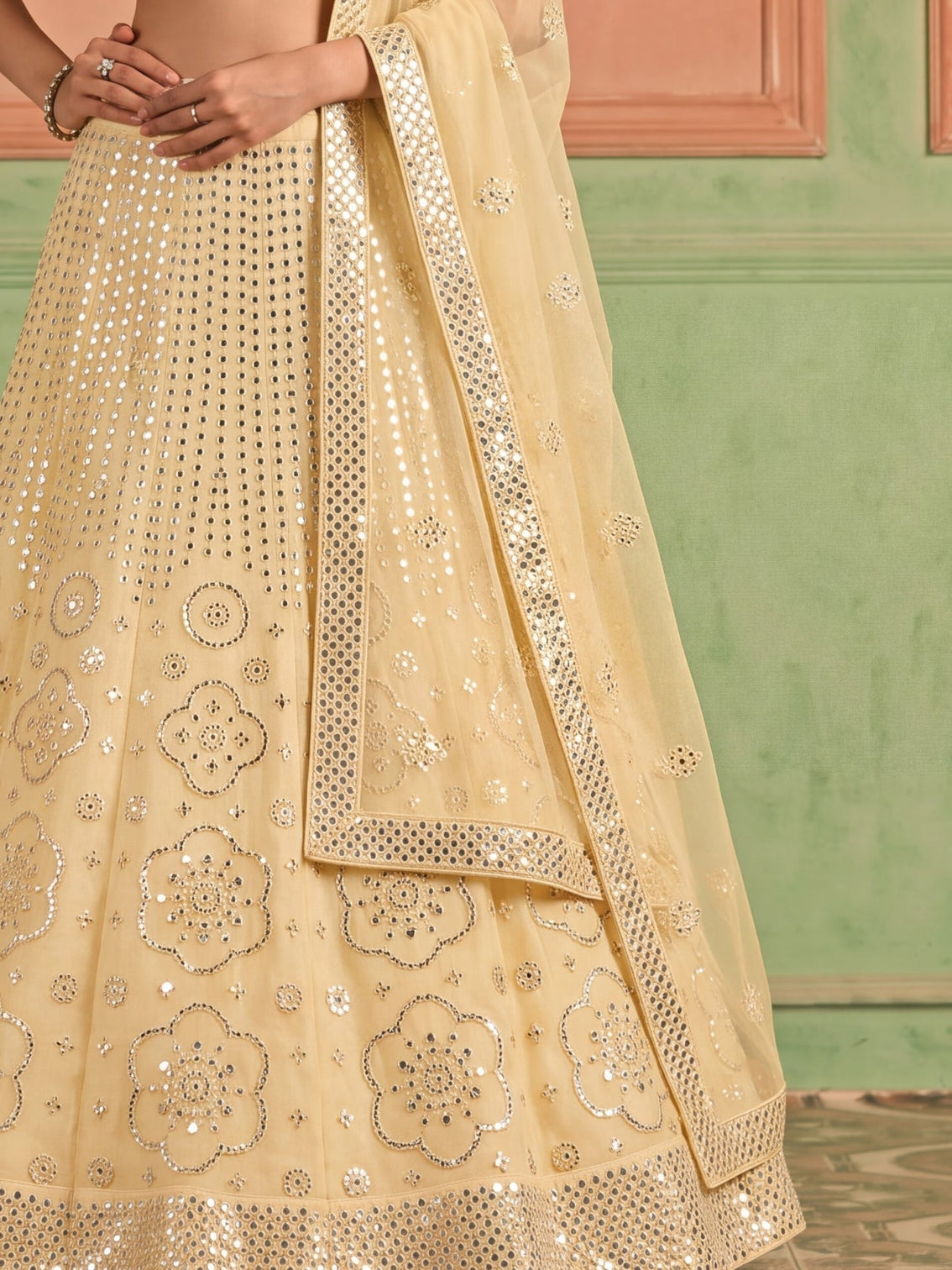 Yellow Organza Embroidered Foil Mirror Work Lehenga Choli