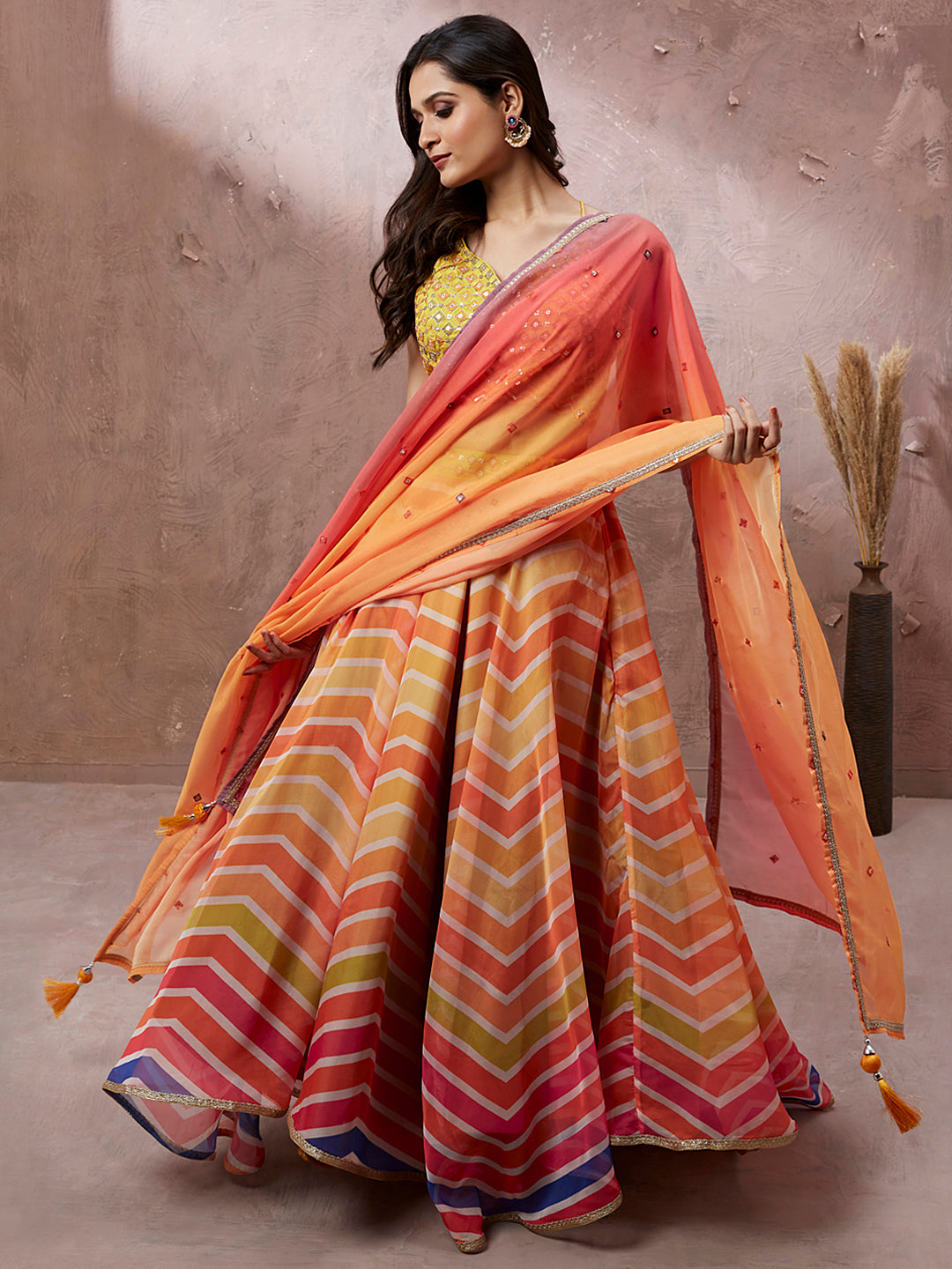 Yellow Organza Leheriya Printed Semi-Stitched Lehenga choli & Dupatta