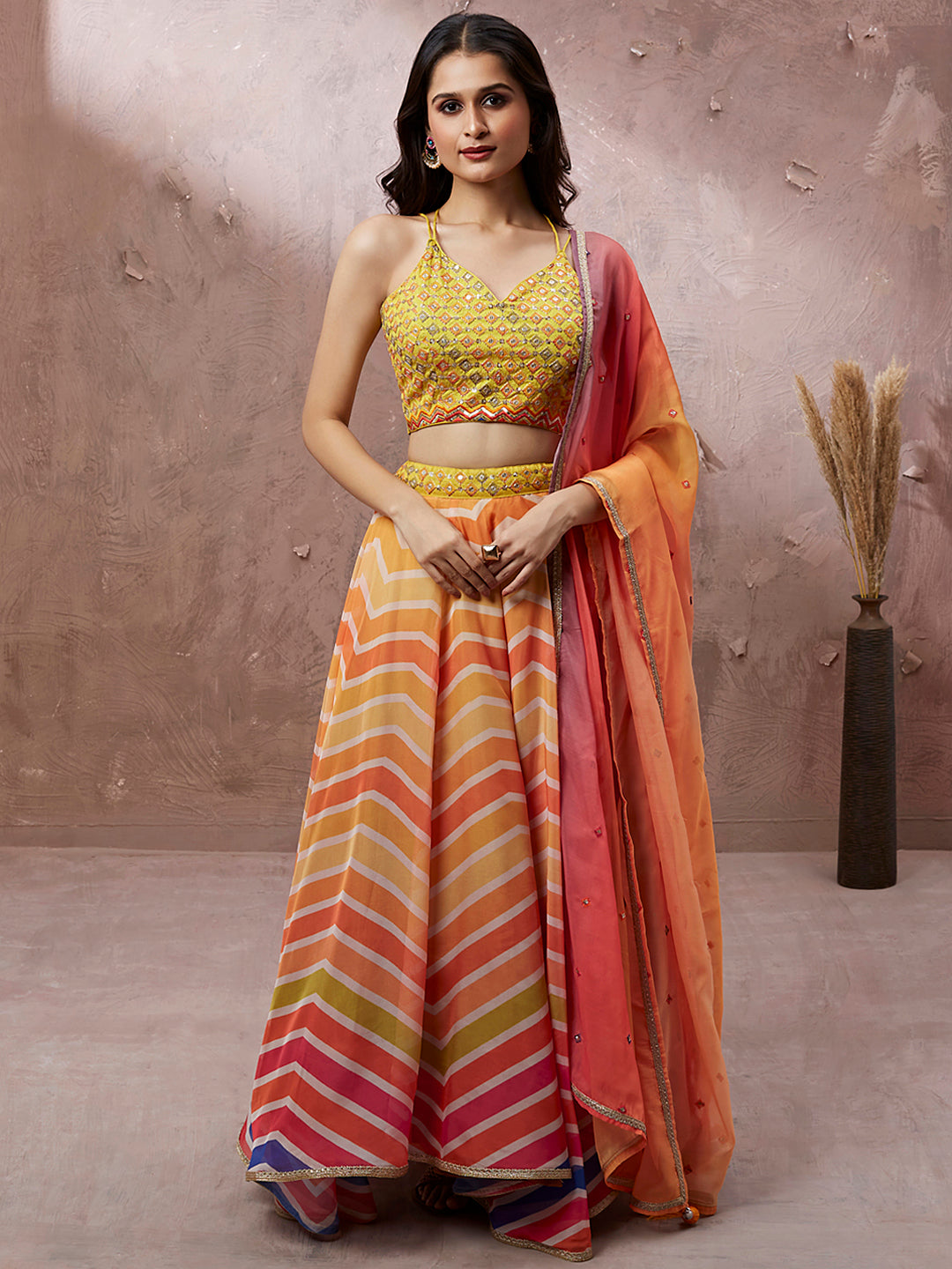 Yellow Organza Leheriya Printed Semi-Stitched Lehenga choli & Dupatta