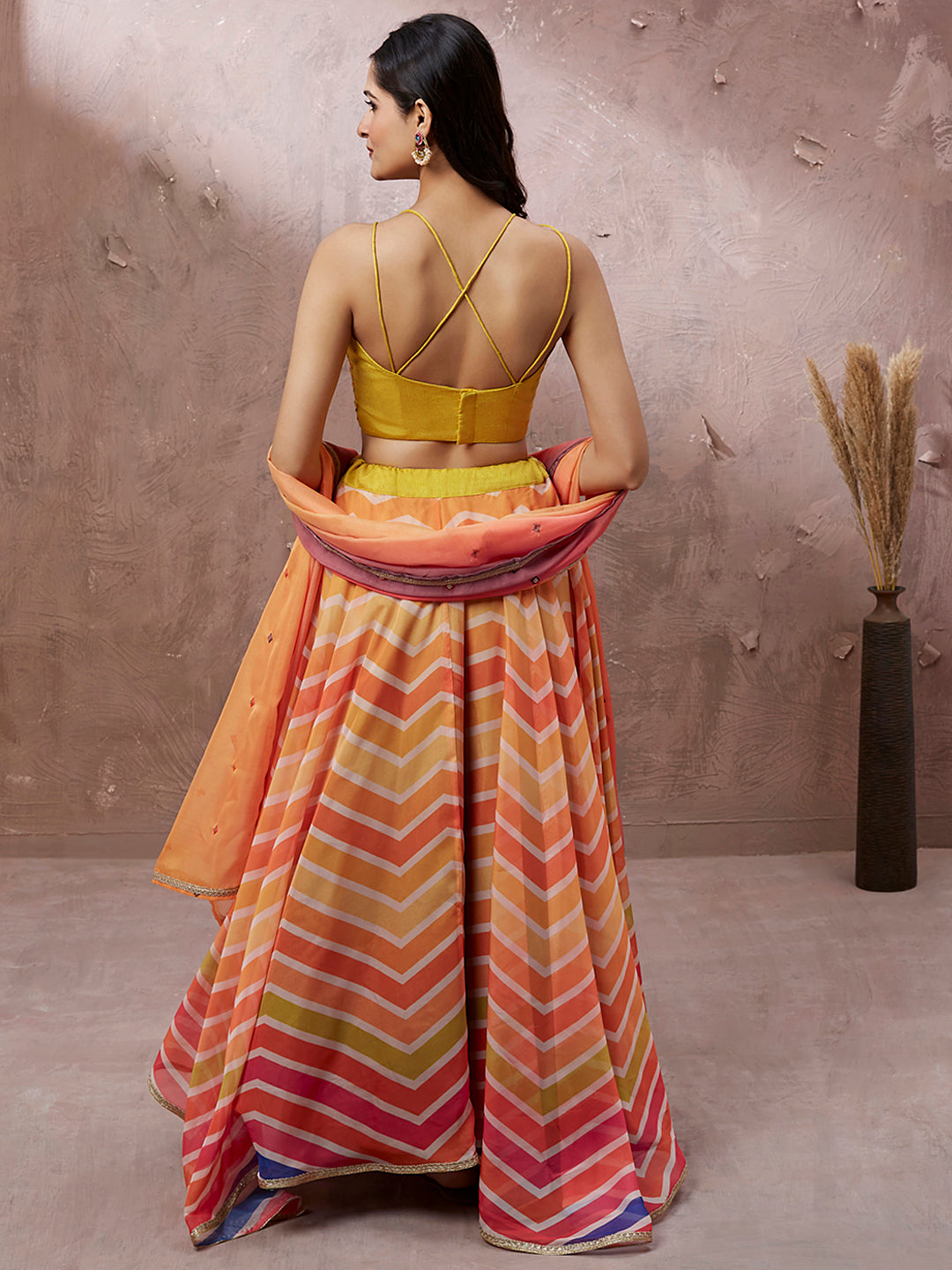 Yellow Organza Leheriya Printed Semi-Stitched Lehenga choli & Dupatta