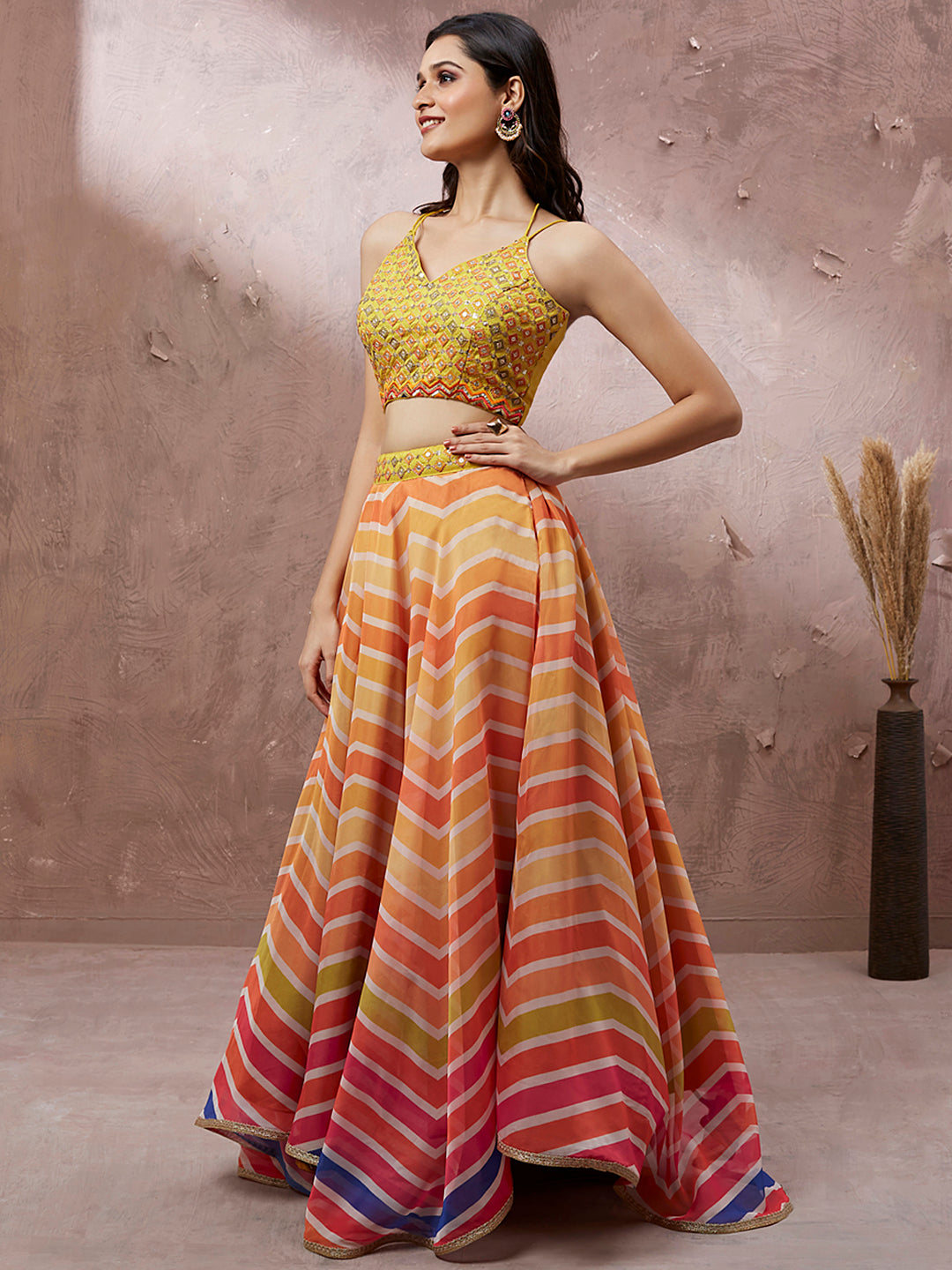 Yellow Organza Leheriya Printed Semi-Stitched Lehenga choli & Dupatta