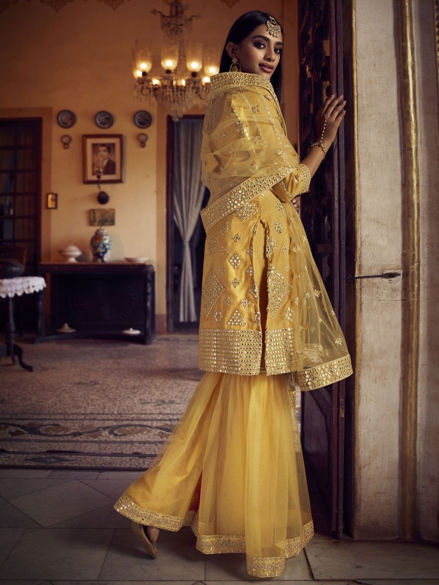 Yellow Organza Partywear Sharara Suit