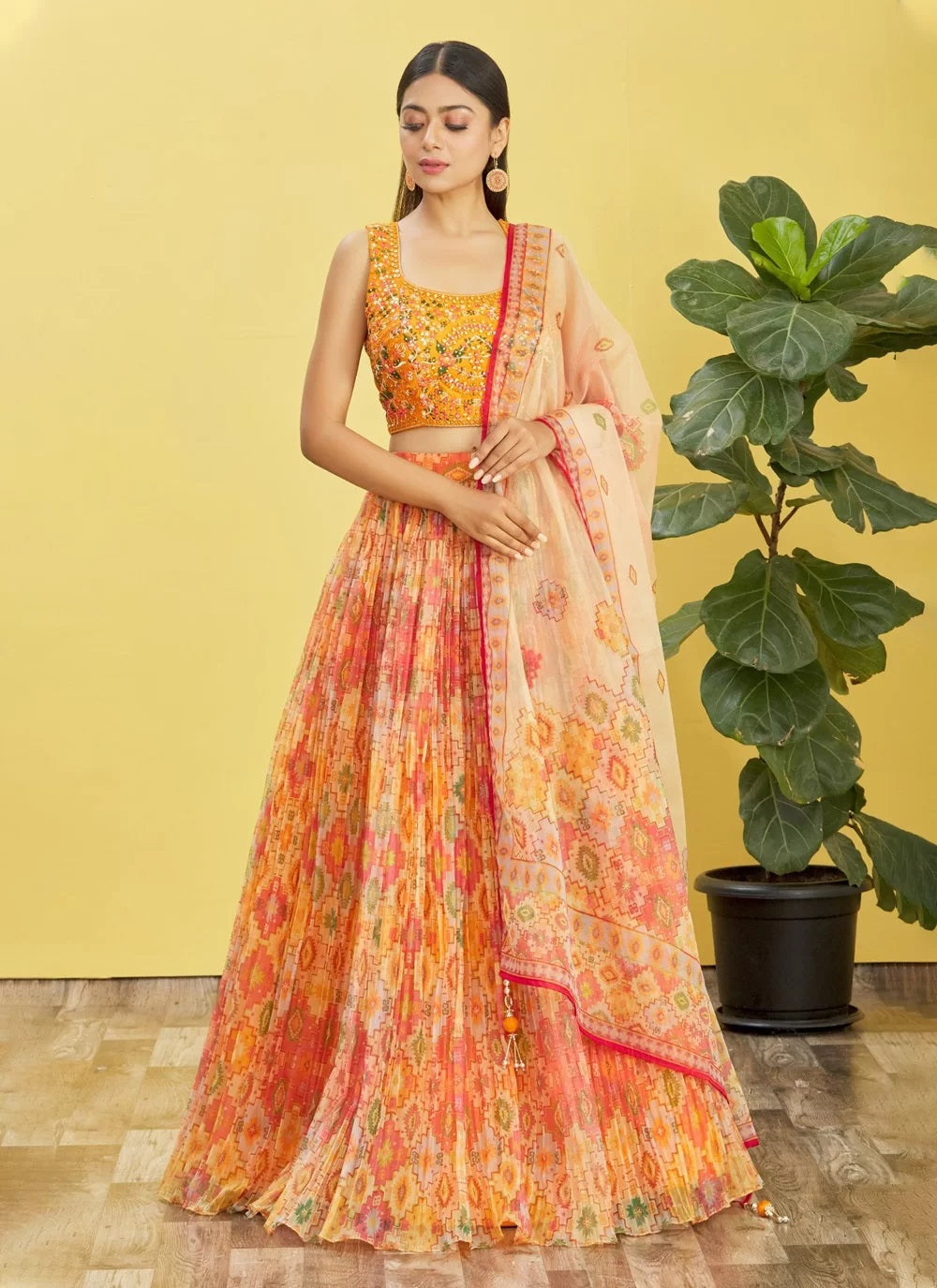 Yellow organza real mirror with thread zari and digital print lehenga choli