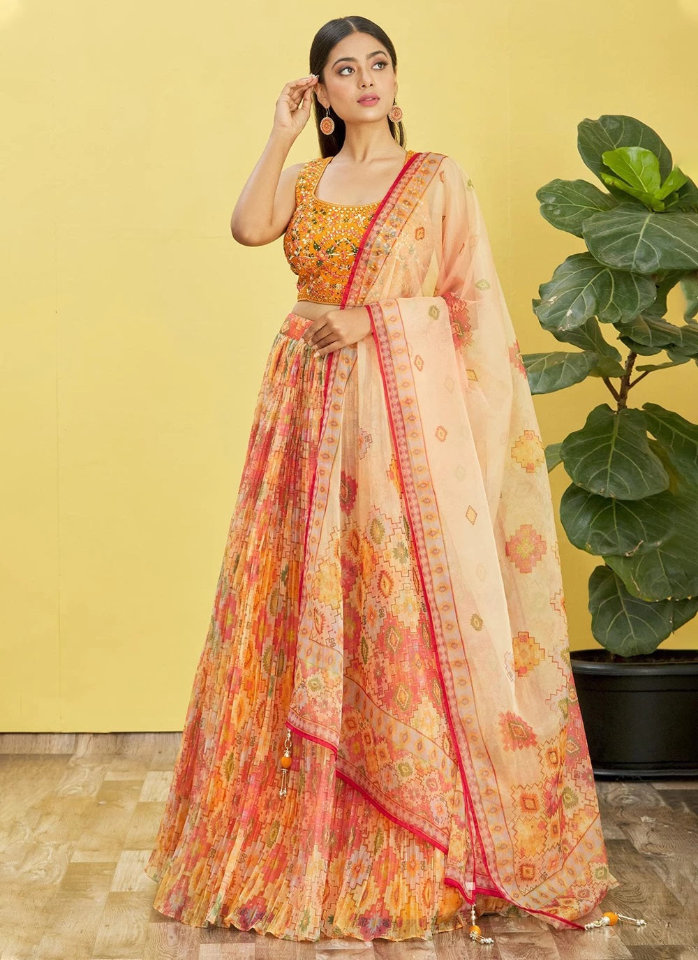 Yellow organza real mirror with thread zari and digital print lehenga choli