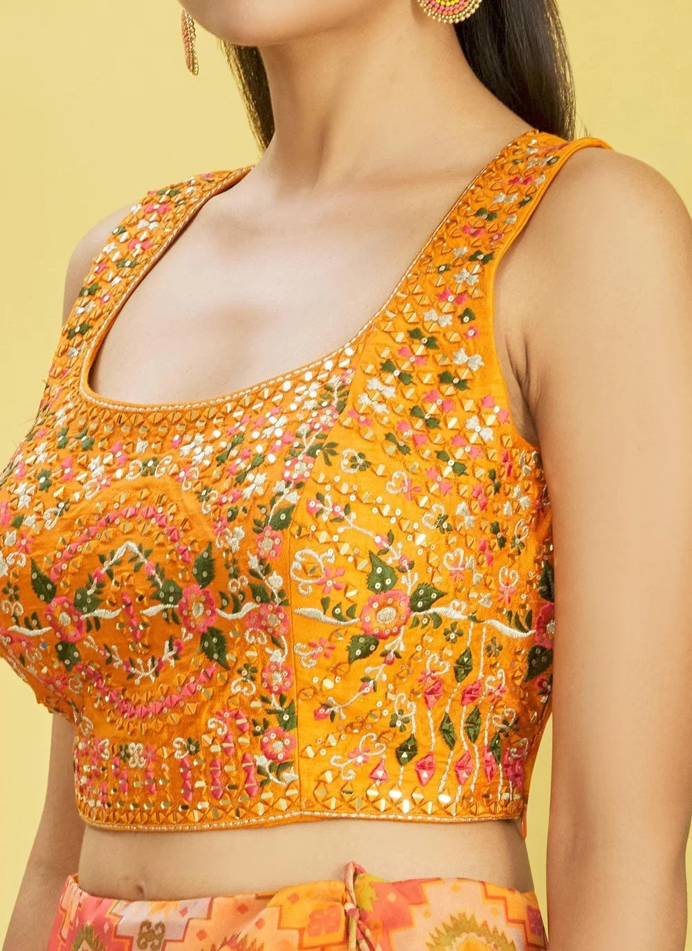 Yellow organza real mirror with thread zari and digital print lehenga choli