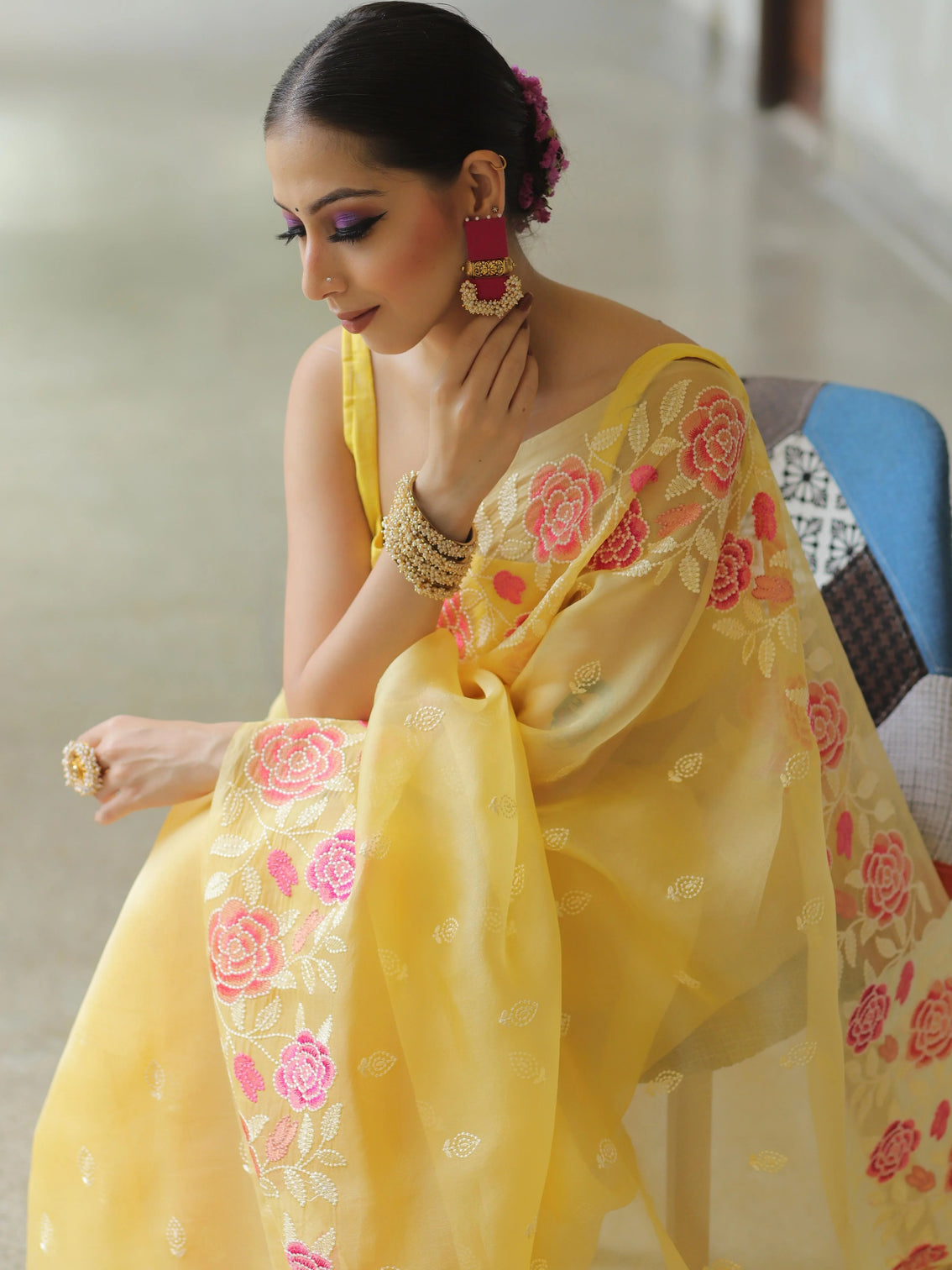 Yellow Organza Silk Saree with Resham Floral Embroidery