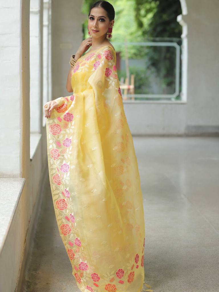 Yellow Organza Silk Saree with Resham Floral Embroidery