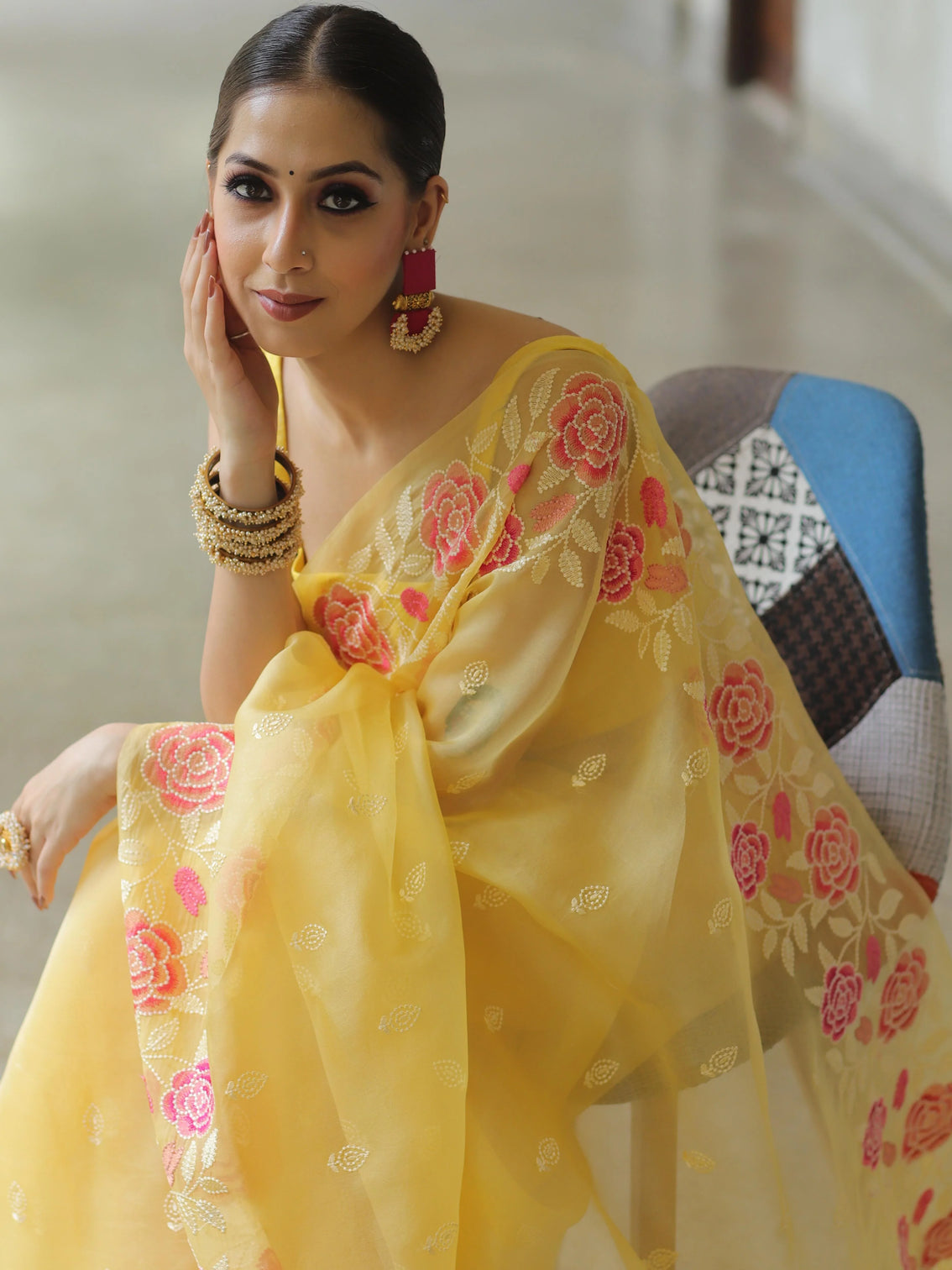 Yellow Organza Silk Saree with Resham Floral Embroidery