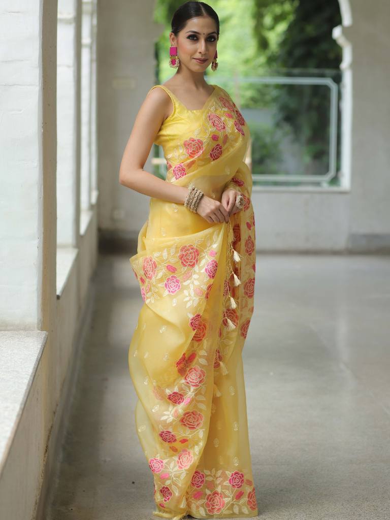 Yellow Organza Silk Saree with Resham Floral Embroidery