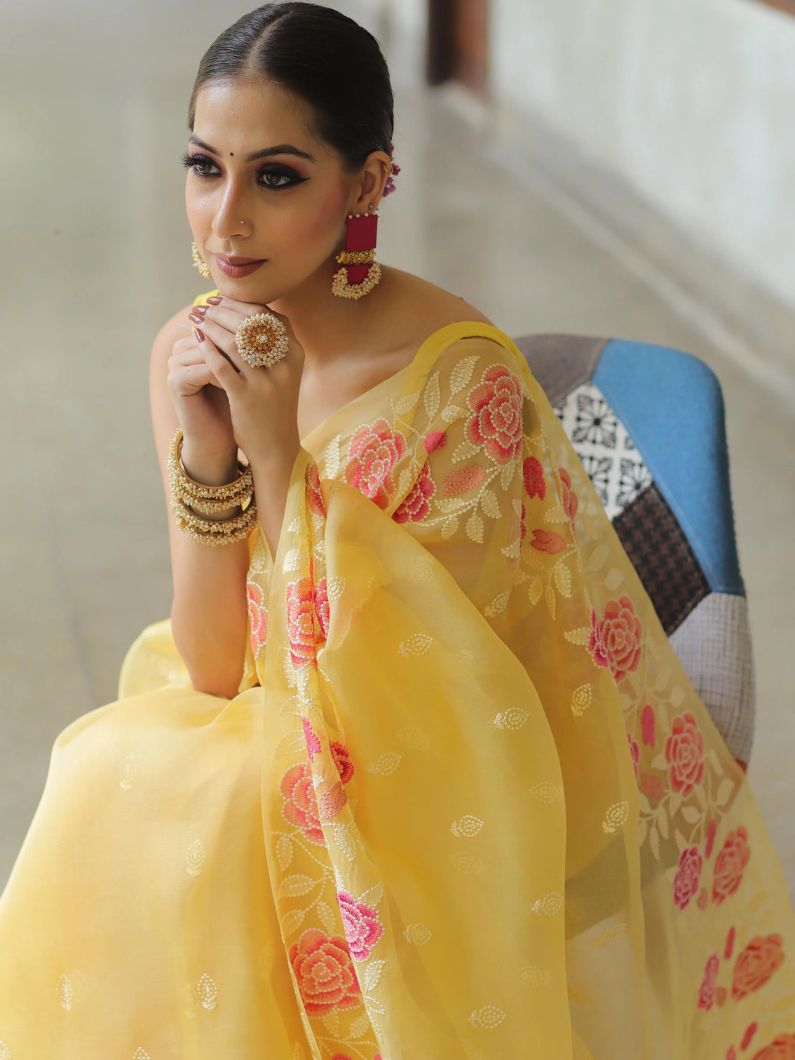 Yellow Organza Silk Saree with Resham Floral Embroidery