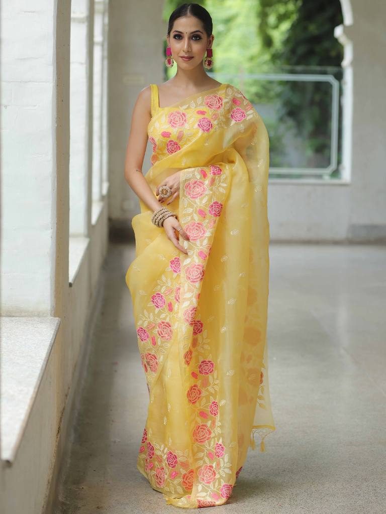 Yellow Organza Silk Saree with Resham Floral Embroidery