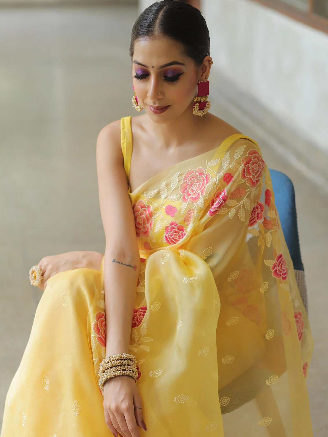 Yellow Organza Silk Saree with Resham Floral Embroidery