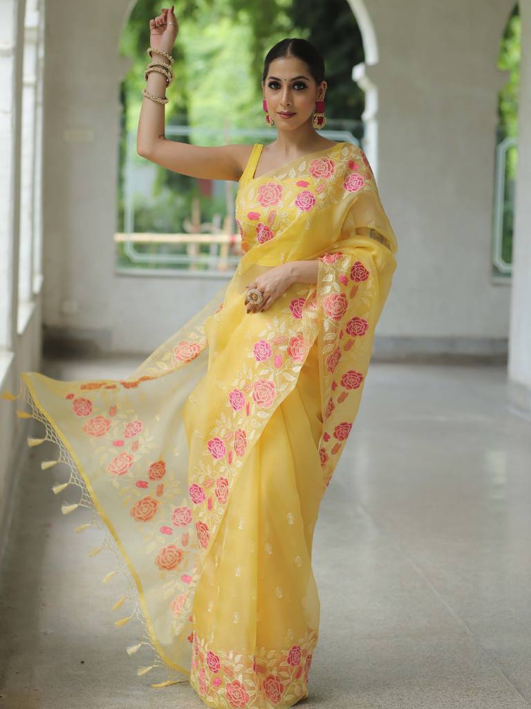 Yellow Organza Silk Saree with Resham Floral Embroidery