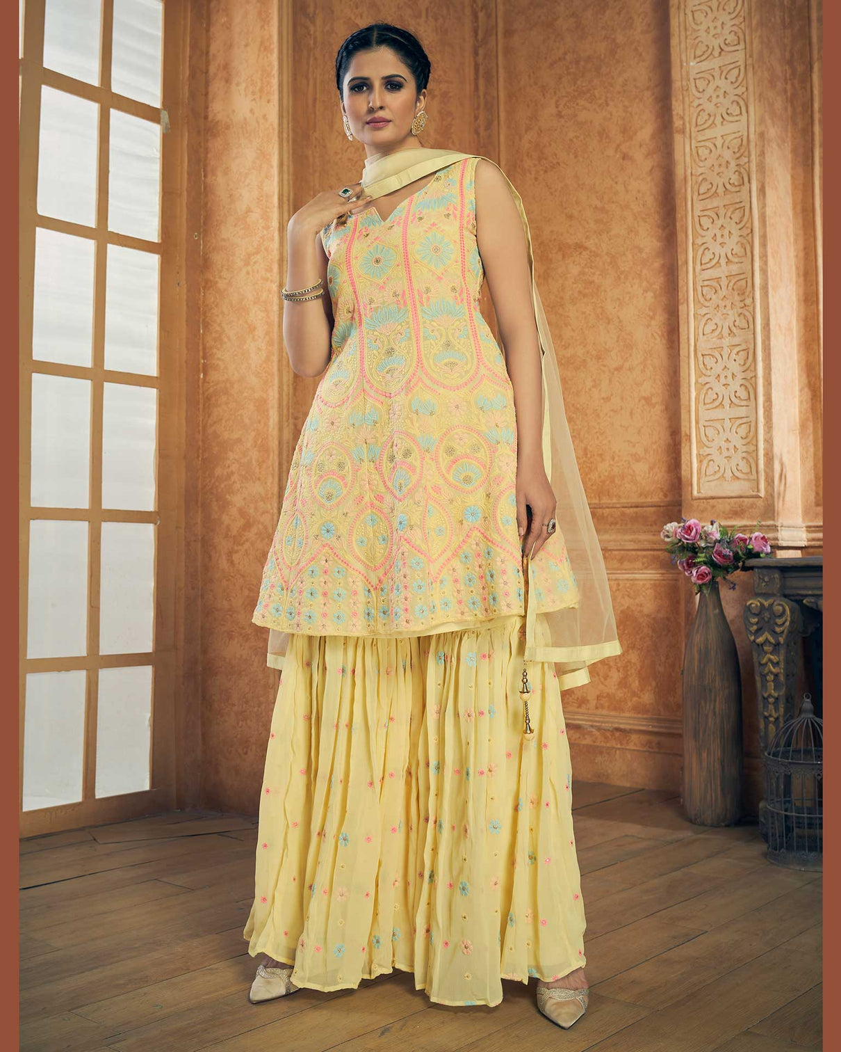 Yellow Pakistani Georgette Plazo For Indian Festival & Weddings - Resham Embroidery Work, Zari Work