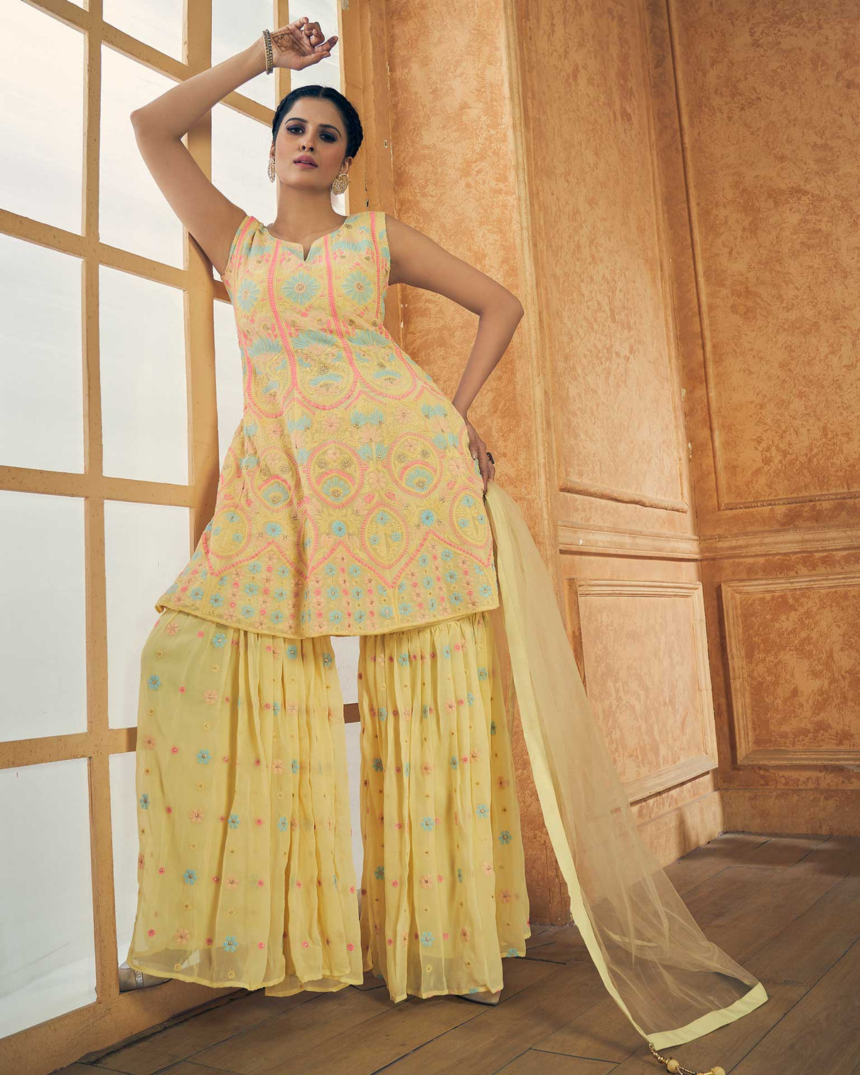 Yellow Pakistani Georgette Plazo For Indian Festival & Weddings - Resham Embroidery Work, Zari Work