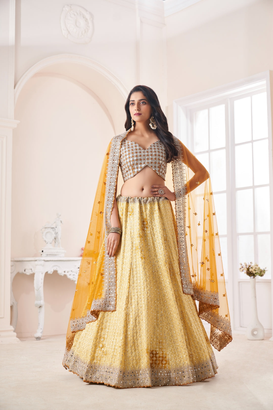 Shimmering Yellow Party Wear Lehenga Choli Set - Embroidered Elegance