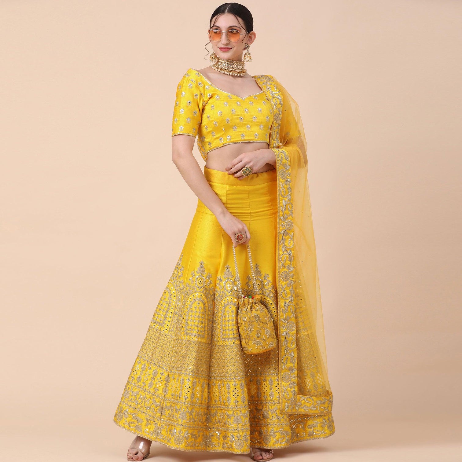 Yellow Party Wear Sequins Embroidered Silk Lehenga Choli