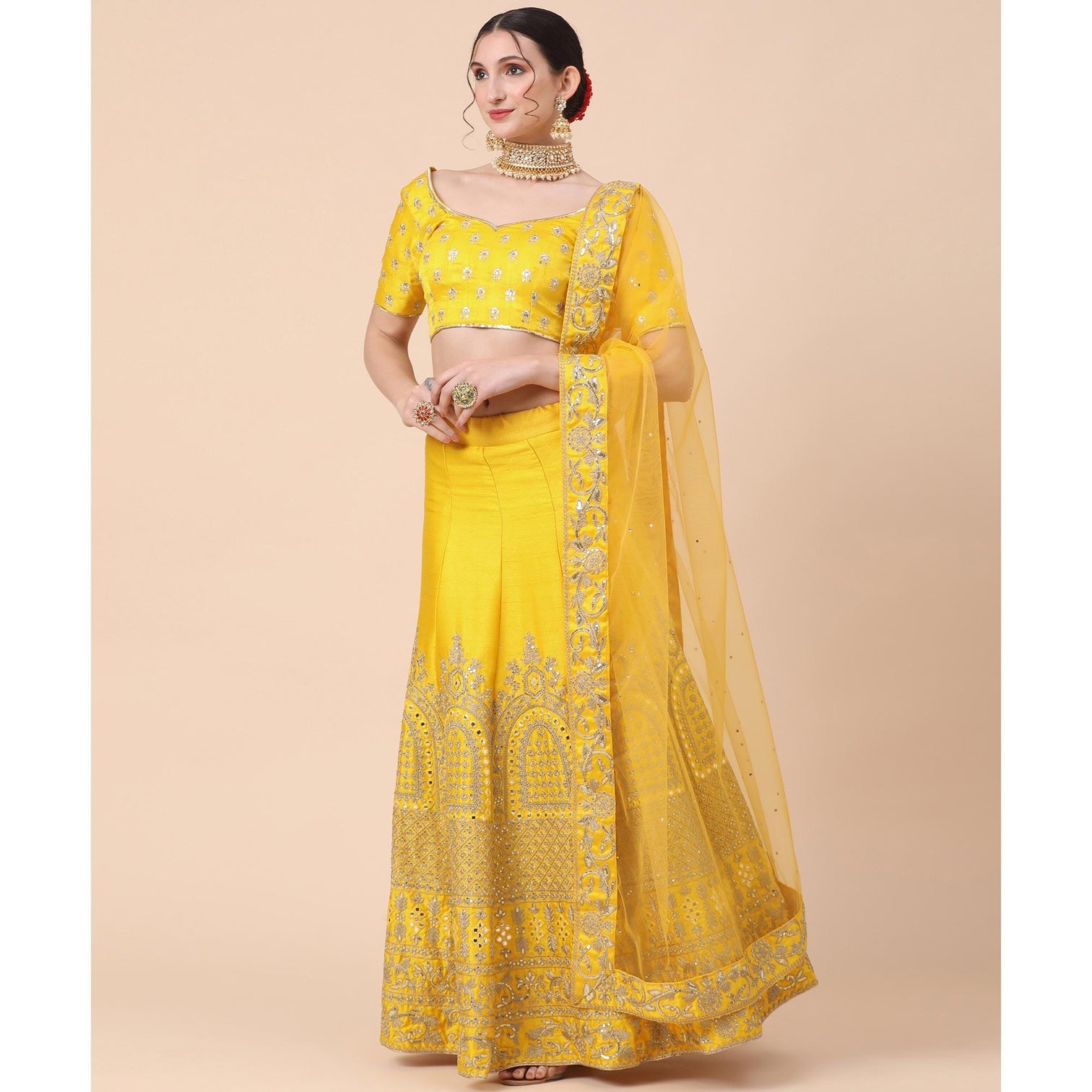 Yellow Party Wear Sequins Embroidered Silk Lehenga Choli