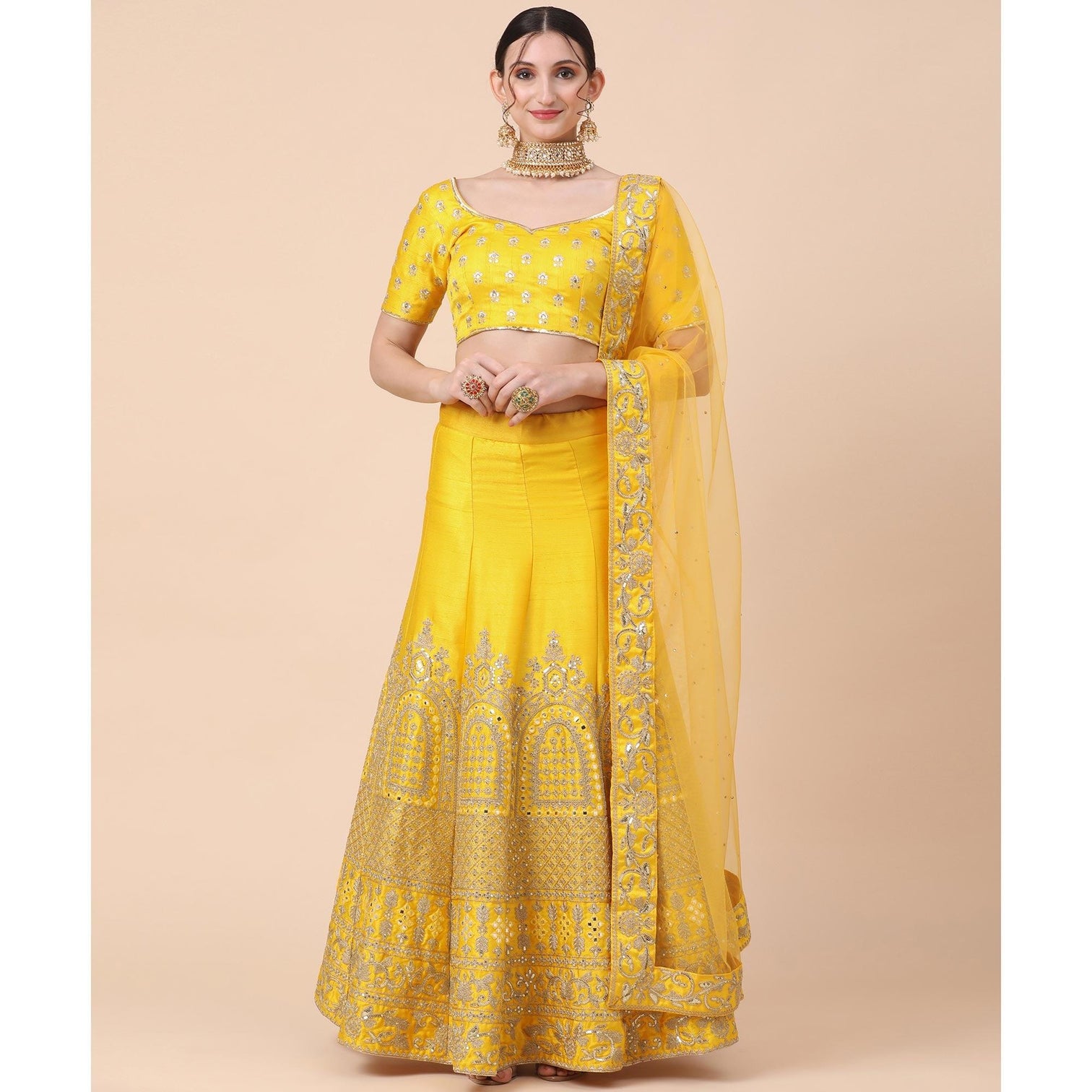 Yellow Party Wear Sequins Embroidered Silk Lehenga Choli