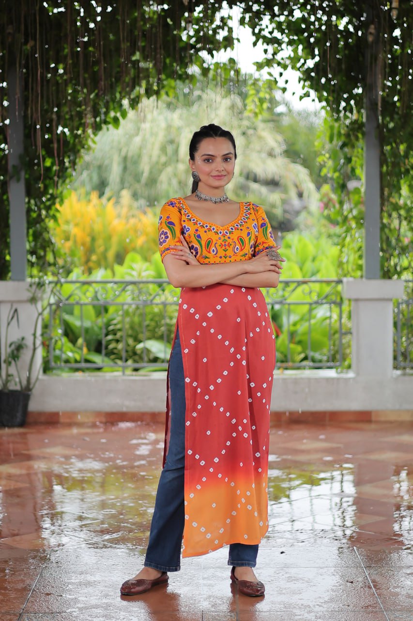 Yellow & Peach shade Navratri Special Printed Rayon Kurti with Kutchi Gamthi Embroidery & Pan Neck