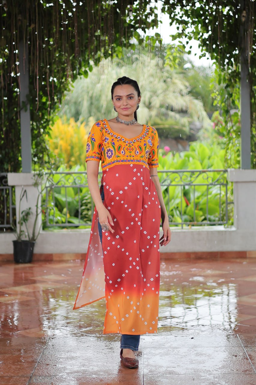 Yellow & Peach shade Navratri Special Printed Rayon Kurti with Kutchi Gamthi Embroidery & Pan Neck